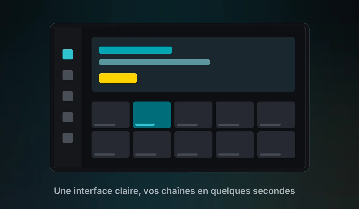Interface de XCIPTV Player avec la liste des chaînes et le menu latéral